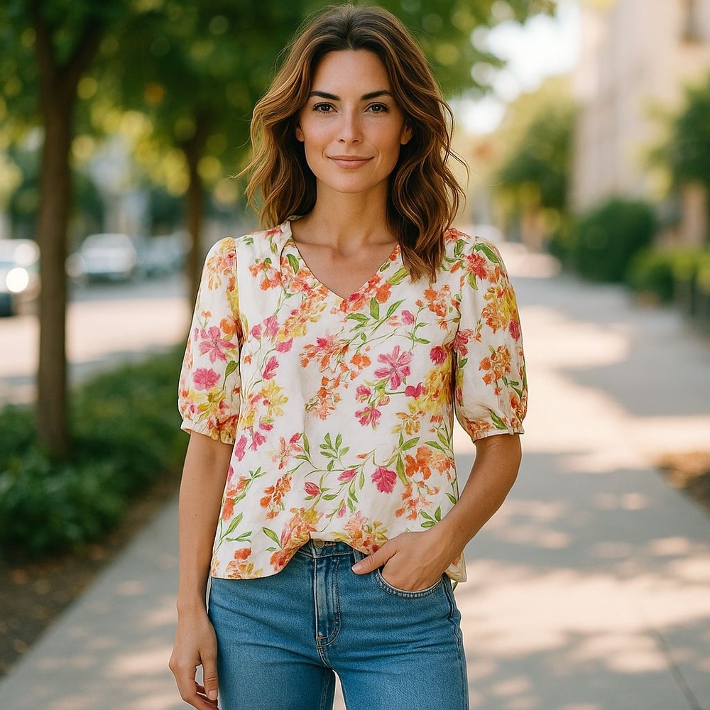 Cream Floral Puff Sleeve Blouse with Mandarin Collar